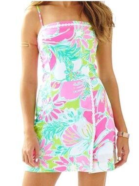 Lilly Pulitzer Jesse Skort Romper Dress Cotton Pink Green Floral Straps Sz 2